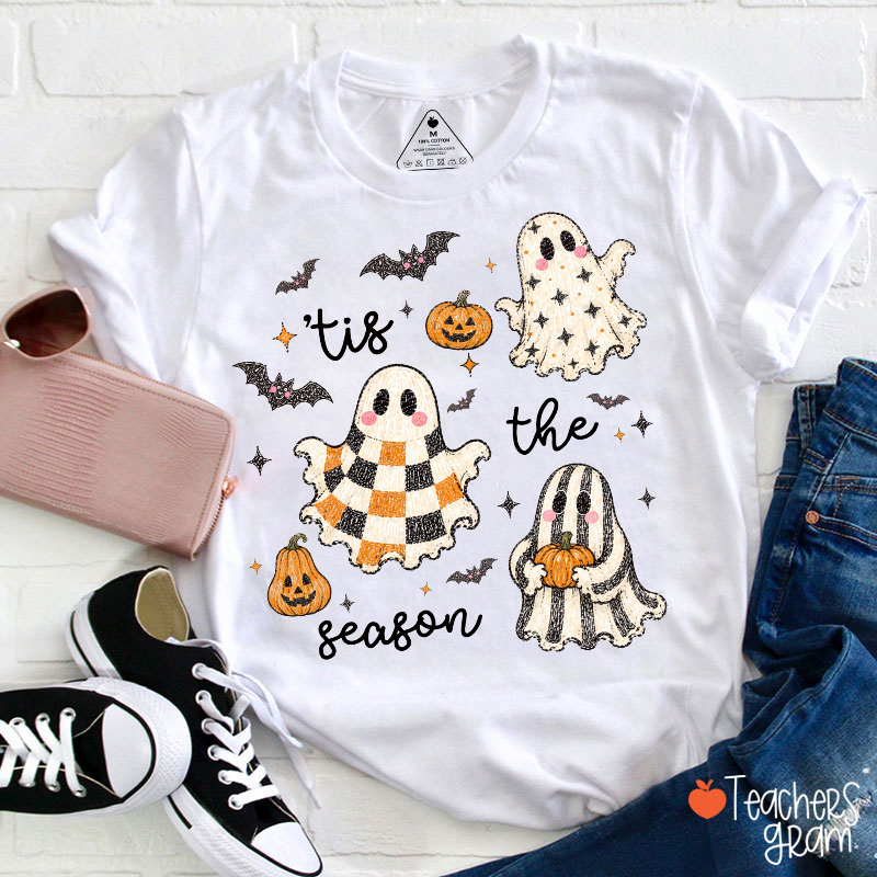 Tis The Season Cute Ghost Pumpkin Bat Halloween Graphic Teacher T-Shirt