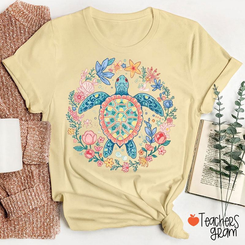 Trendy Summer Floral Turtle Teacher T-Shirt