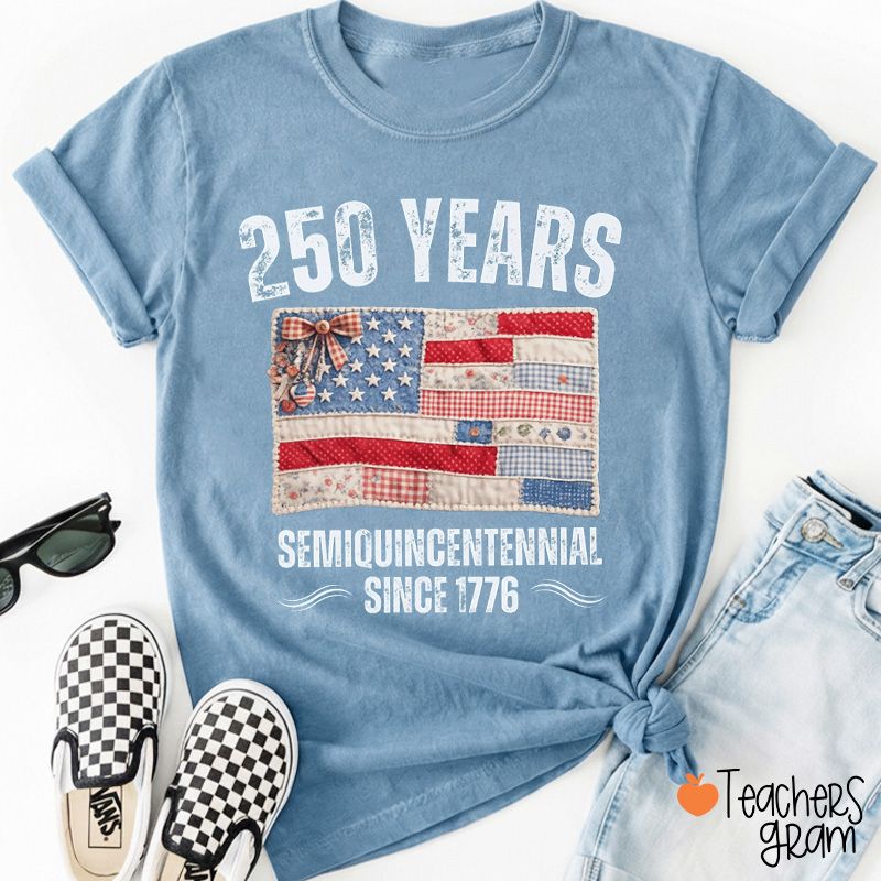 USA 250 Years Faux Patchwork Flag Teacher T-Shirt