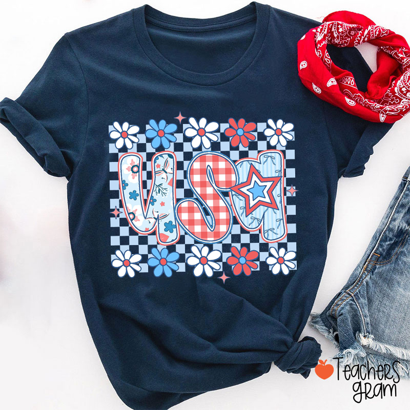 USA Checkered Flowers Teacher T-Shirt