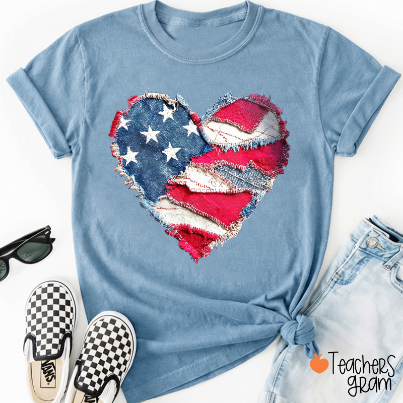 USA Faux Patchwork Heart Teacher T-Shirt