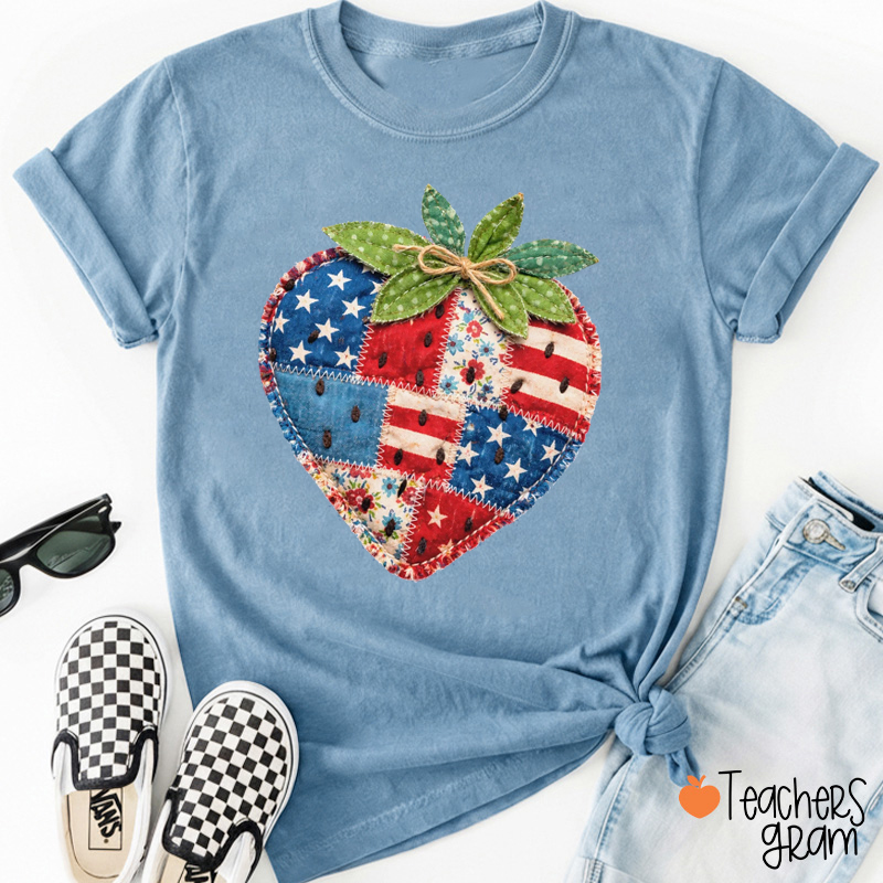USA Faux Patchwork Strawberry Teacher T-Shirt