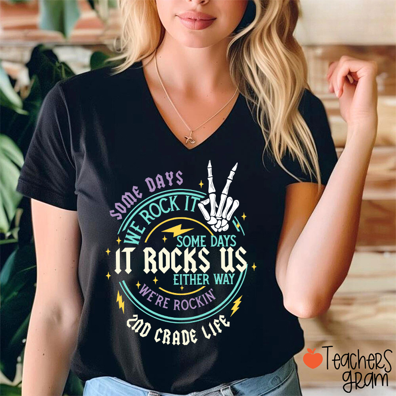 Personalized Grade Rock This School Teacher Female V-Neck T-Shirt