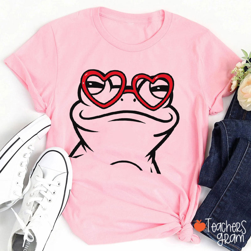 Valentines Day Frog Heart-shaped Glasses Teacher T-Shirt
