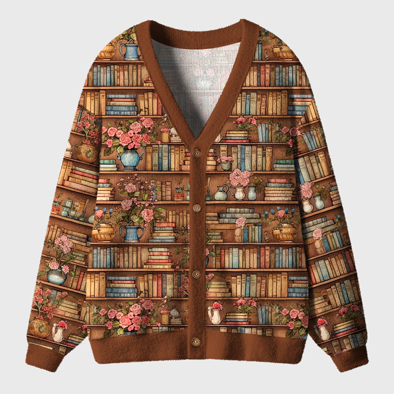 Vintage Flowers Bookshelf Teacher Ugly Cardigan Sweaters