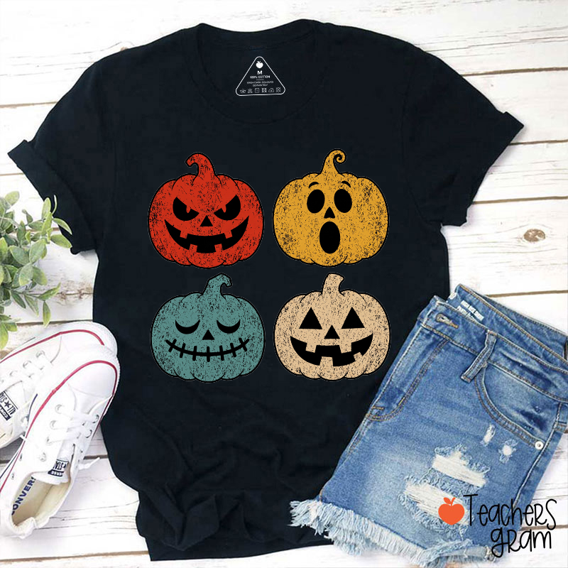 Vintage Multi Jack O Lantern Pumpkin Graphic Teacher T‑Shirt