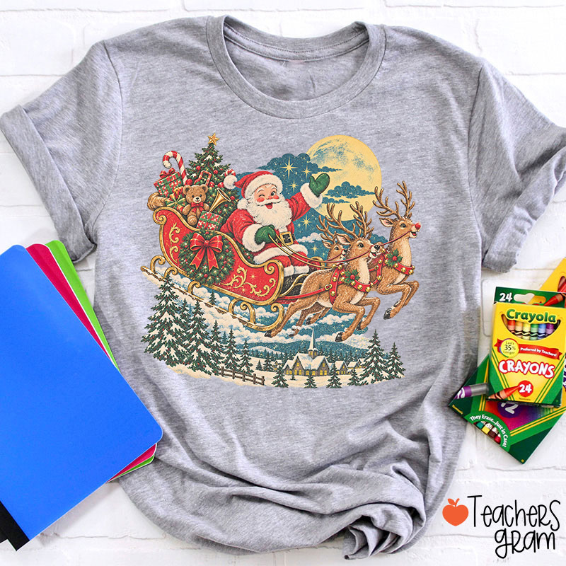 Vintage Santa Sleigh Christmas Teacher T-Shirt