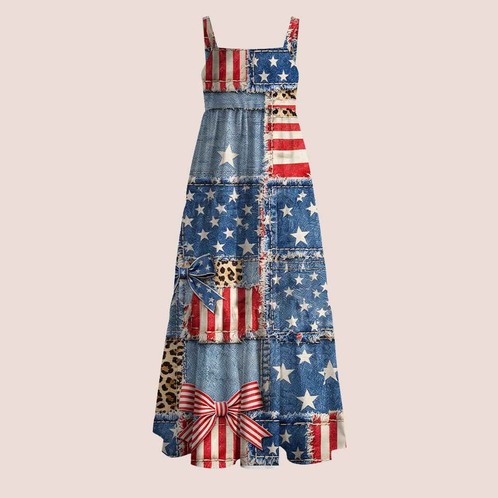 Faux Denim Patchwork American Flag Teacher Slip Dress