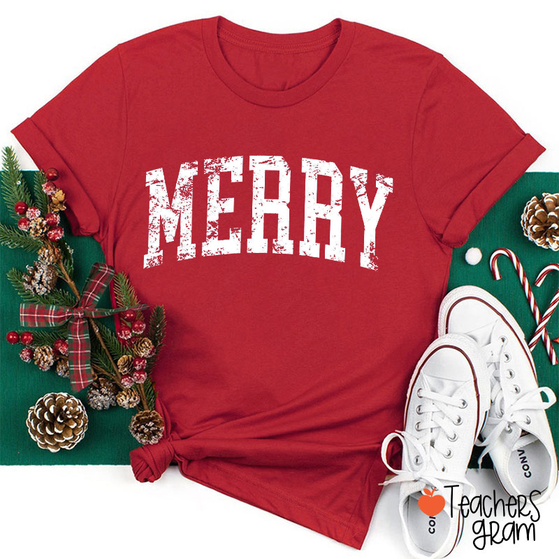 Water Washed Distressed Merry Christmas Teacher T-Shirt