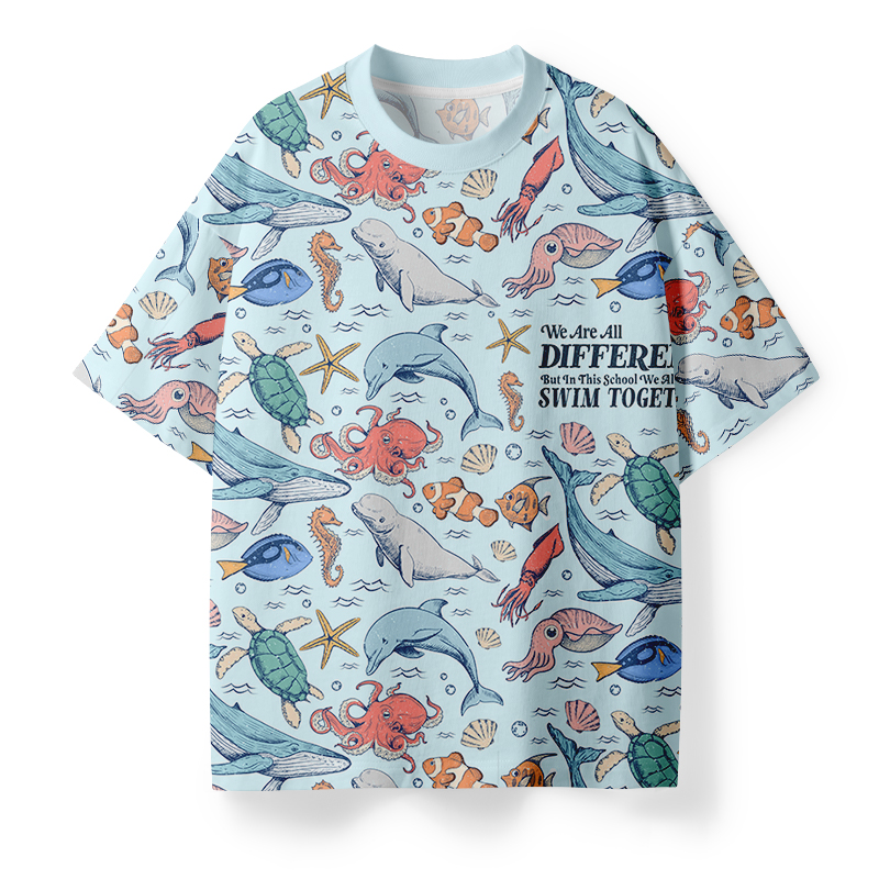 We Are Different But We All Swim Together Eco Oversized Graphic T-Shirt
