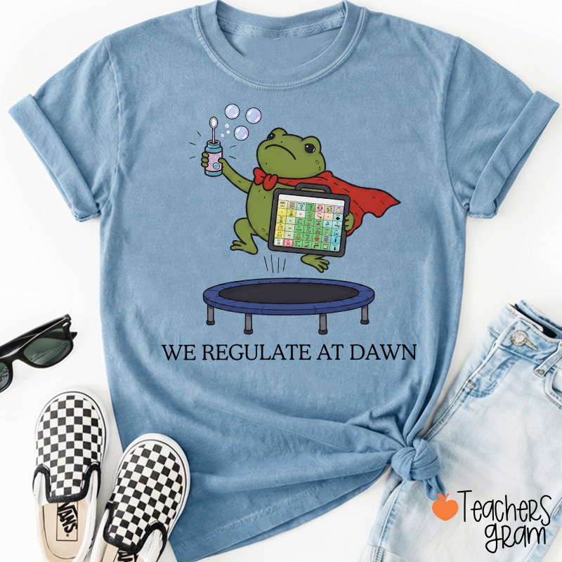 We Regulate At Dawn Superhero Frog SLP Teacher T‑Shirt