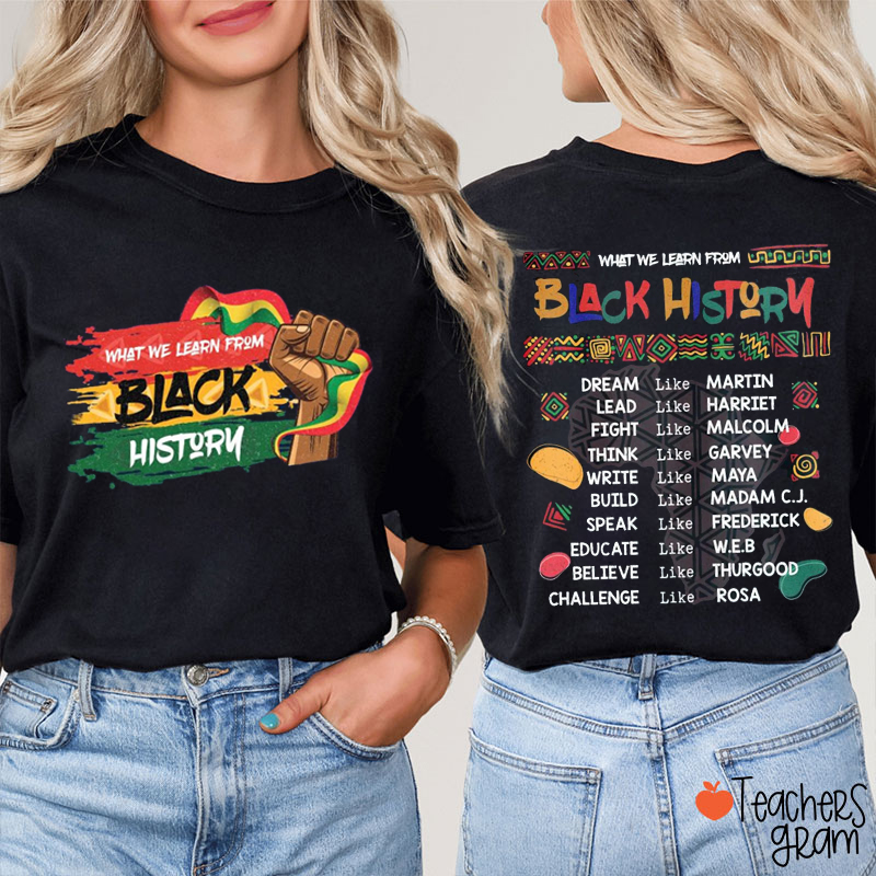What We Learn From Black History Social Justice Teacher Two Sided T-Shirt