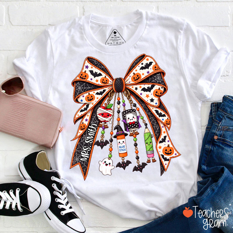Personalized Name Spooky Charm Bow Teacher T-Shirt-Teachersgram