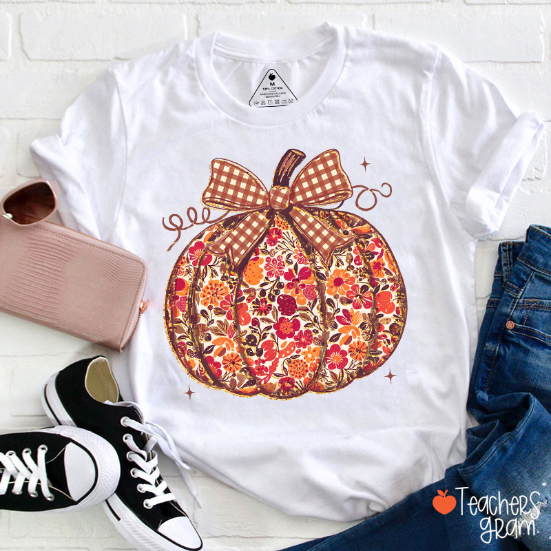 Vintage Floral Plaid Bow Pumpkin Teacher T-Shirt-Teachersgram