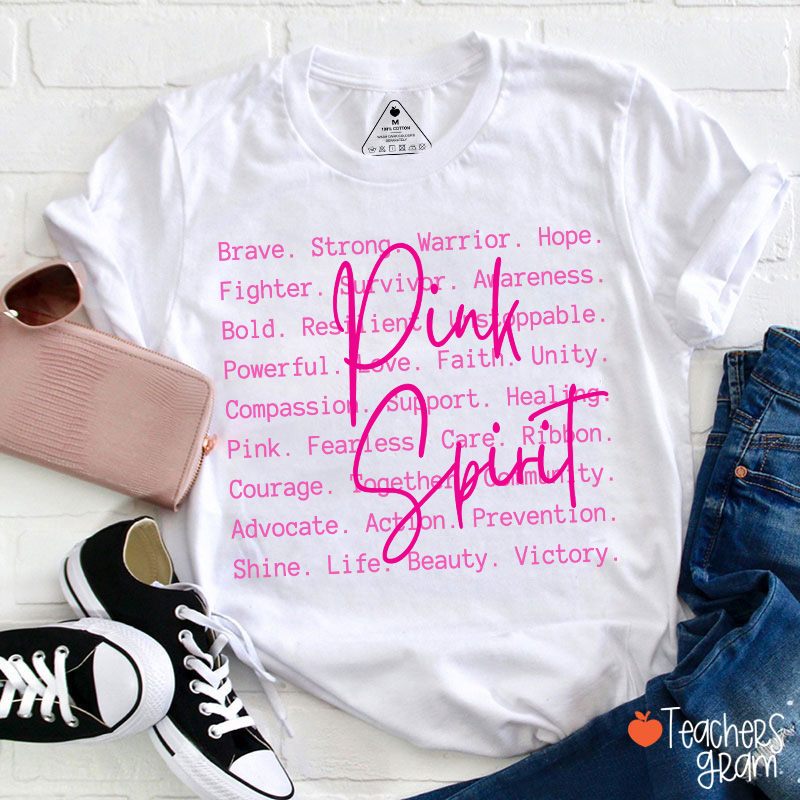 Pink Spirit Motivational Word Collage Graphic Teacher T-Shirt