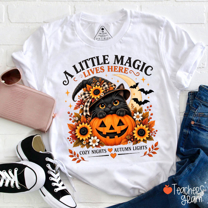 A Little Magic Lives Here Black Cat Pumpkin Teacher T-Shirt