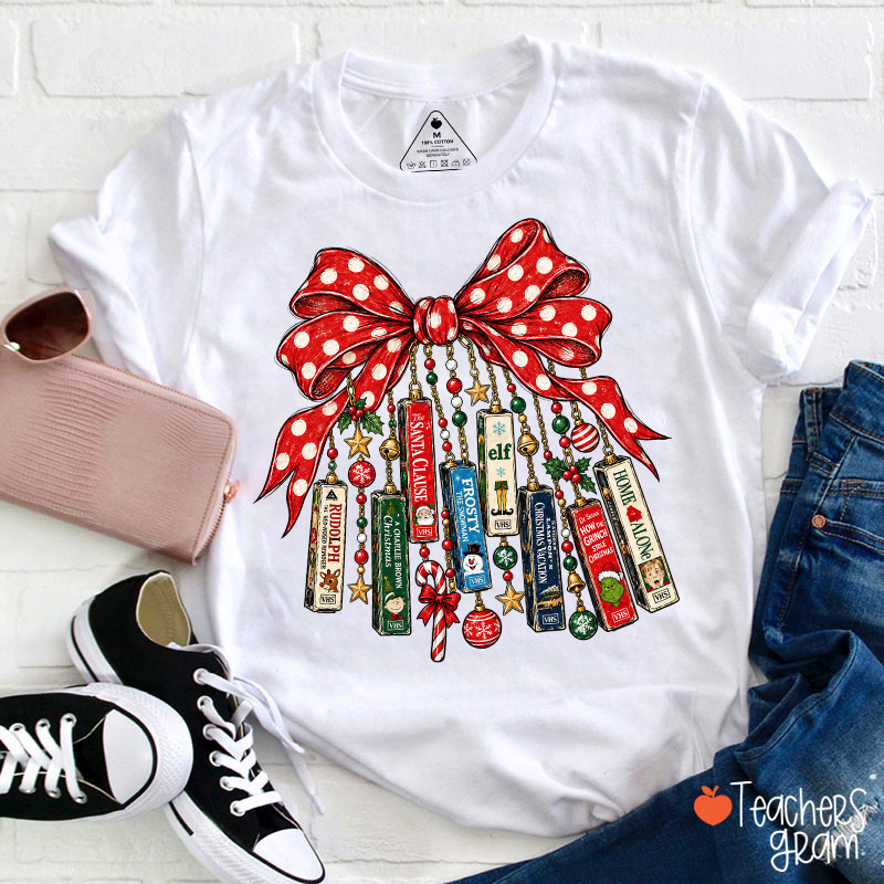 Red Polka Dot Bow Christmas Movie Ornaments Teacher T-Shirt