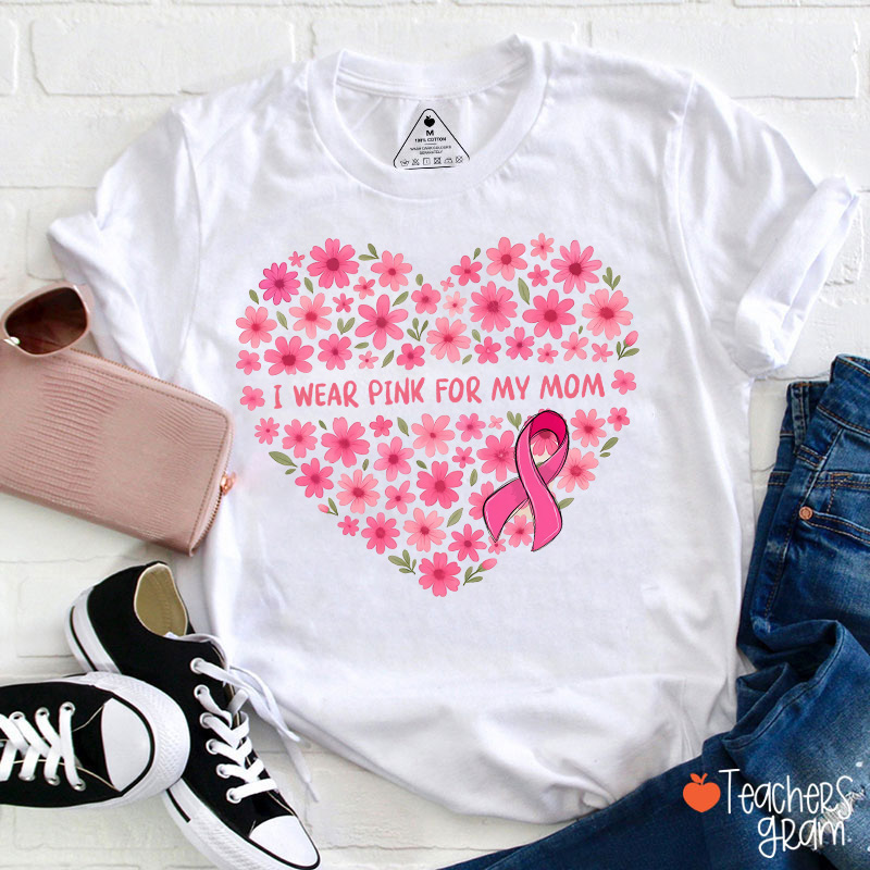 Personalized Pink Heart Shaped Ribbon And Floral Design Teacher T-Shirt
