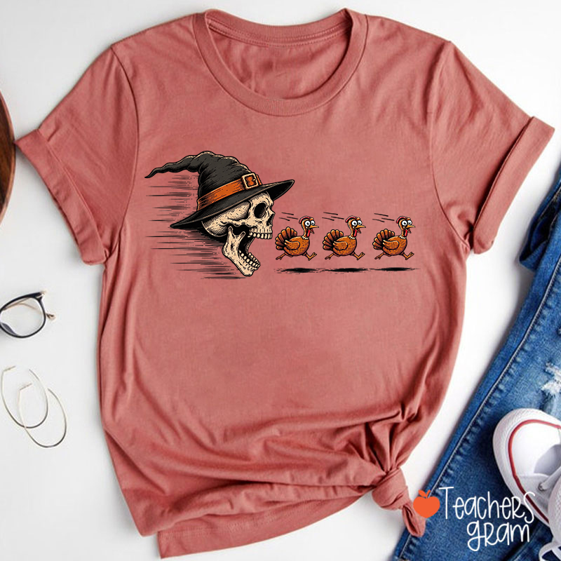 Witch Skull Chasing Turkeys Funny Fall Teacher T-Shirt