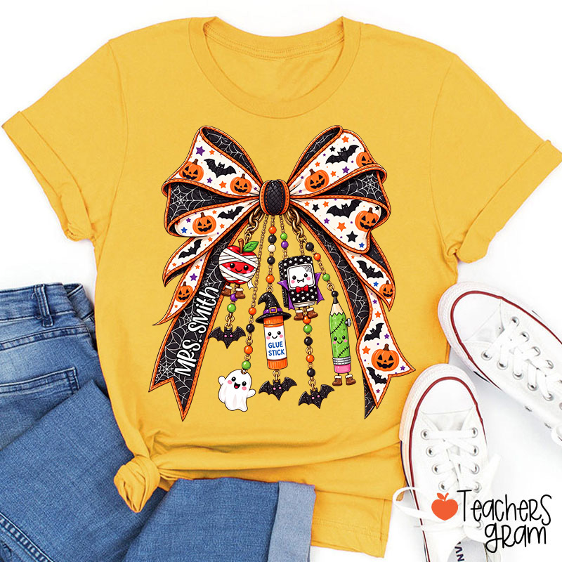 Personalized Name Spooky Charm Bow Teacher T-Shirt