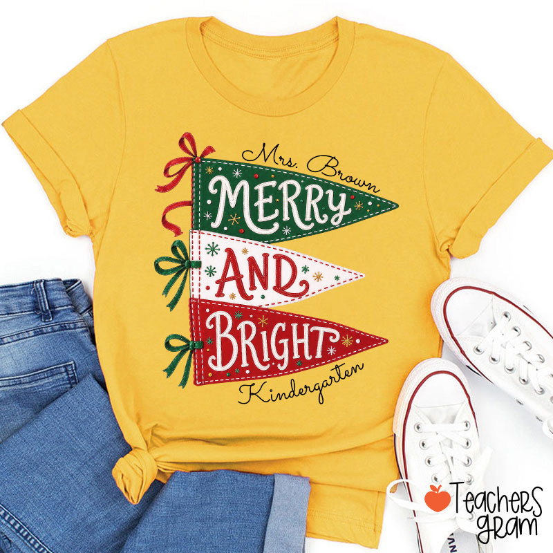 Personalized Name And Grade Merry And Bright Teacher T-Shirt