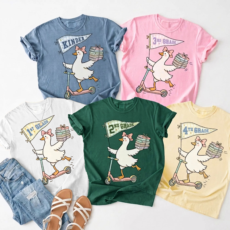 Personalized Grade Scooter Silly Goose Pennant Book Stack Teacher T-Shirt