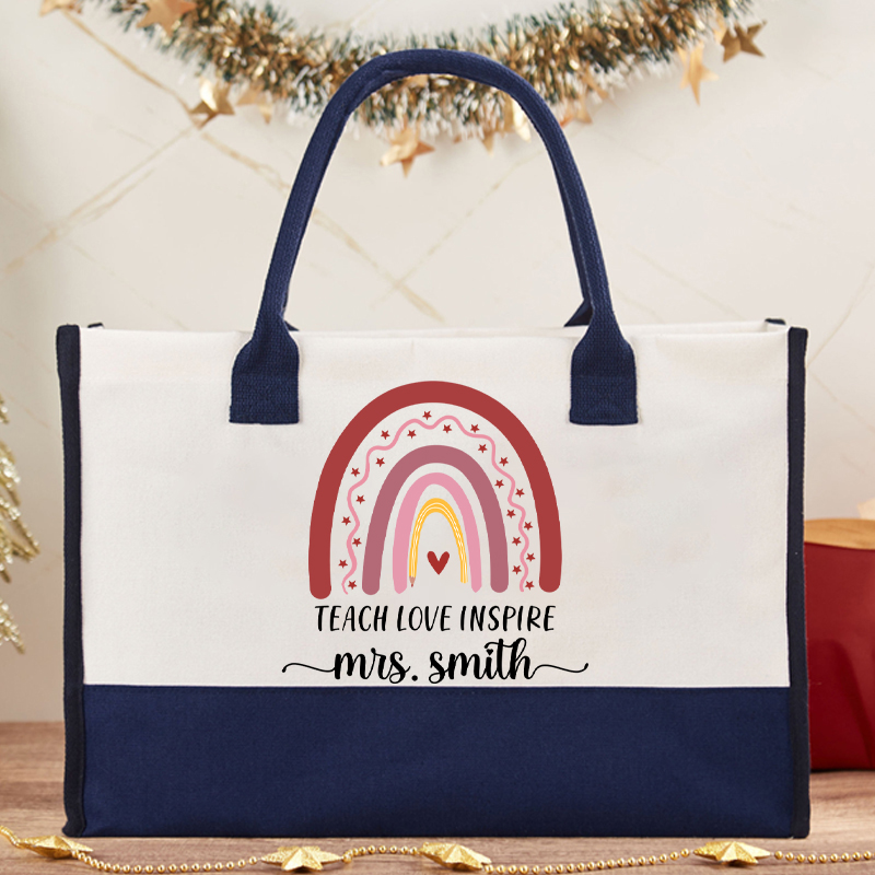Personalized Teach Love Inspire Pink Rainbow Teacher Cotton Tote Bag