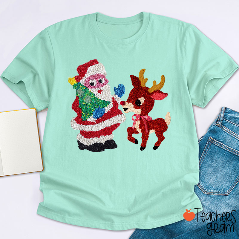 Santa And Rudolph Faux Melted Plastic Teacher T-Shirt