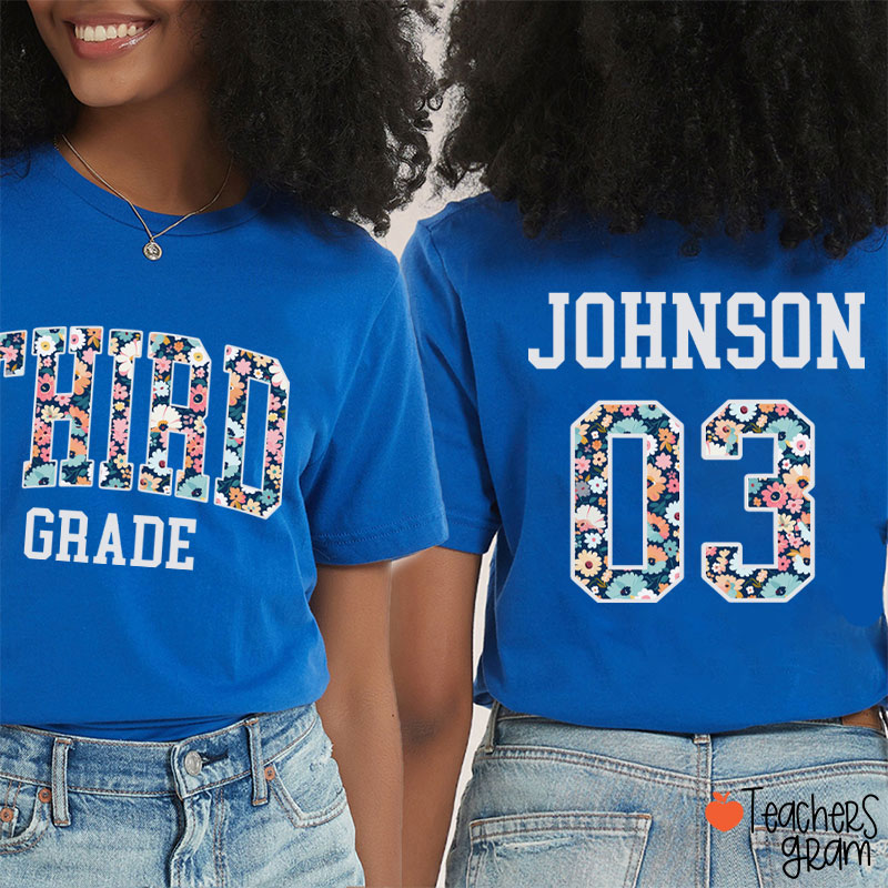 Personalized Grade And Name Floral Fonts Teacher Two Sided T-Shirt