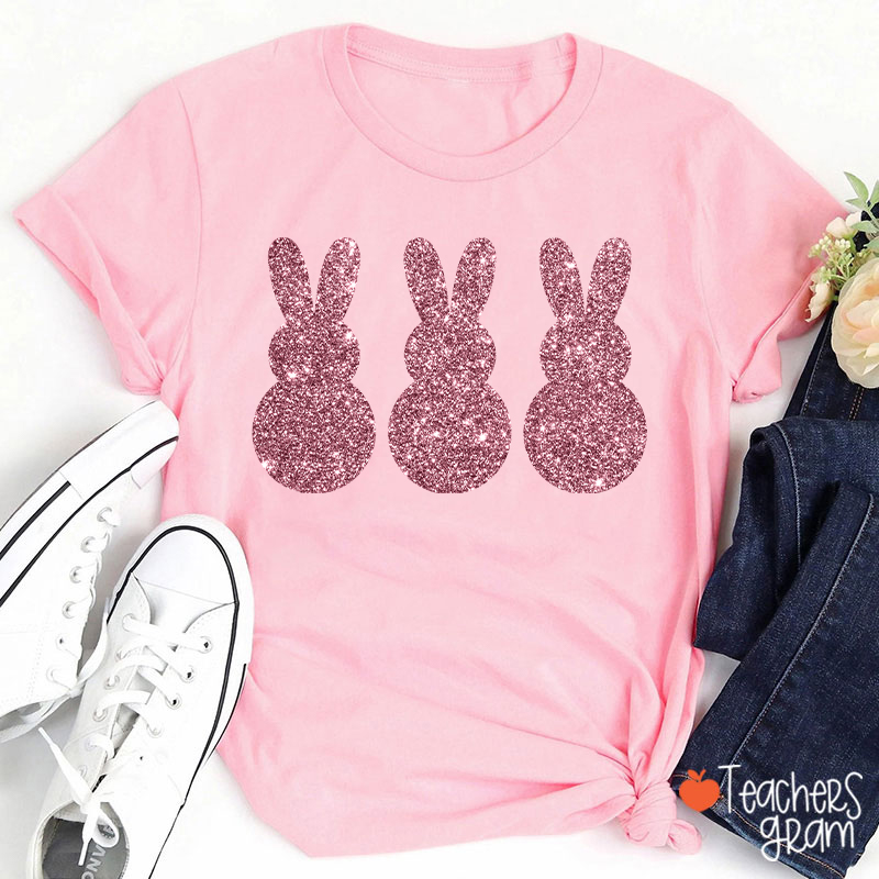 Three Glitter Cute Bunnies Teacher T-Shirt