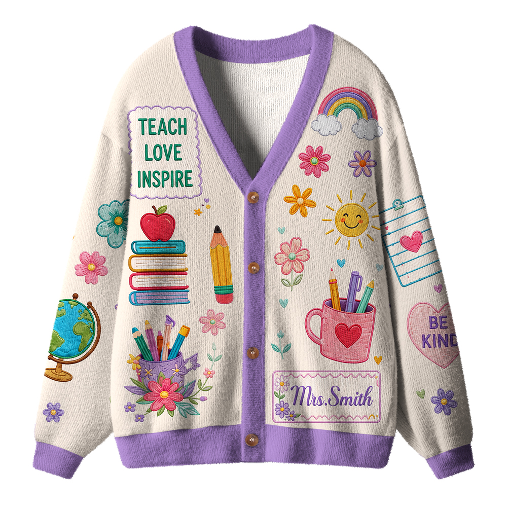 Personalized Name Teach Love Inspire Floral Teacher Ugly Cardigan Sweaters