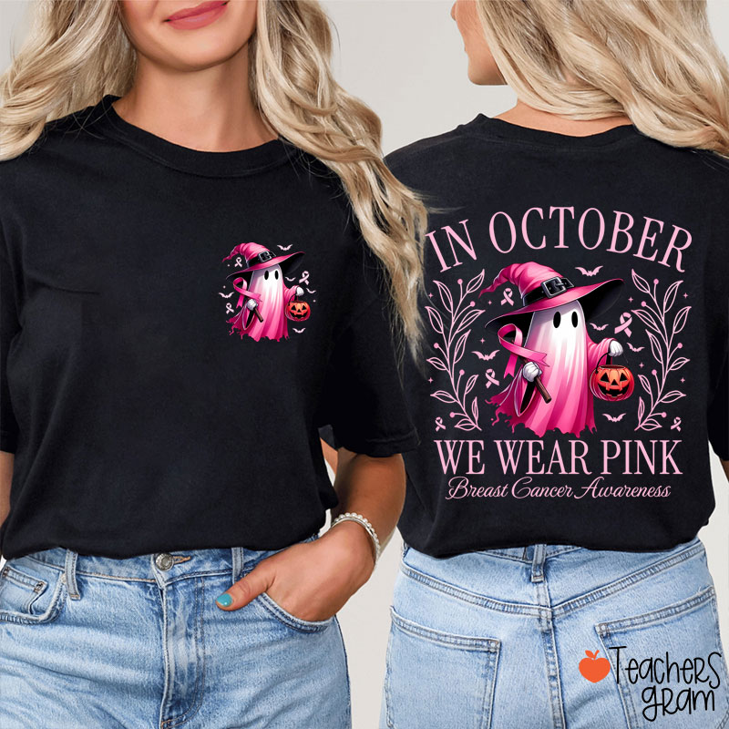 Halloween Beautifully Ghost Picture Breast Cancer Awareness Two Sided T-Shirt