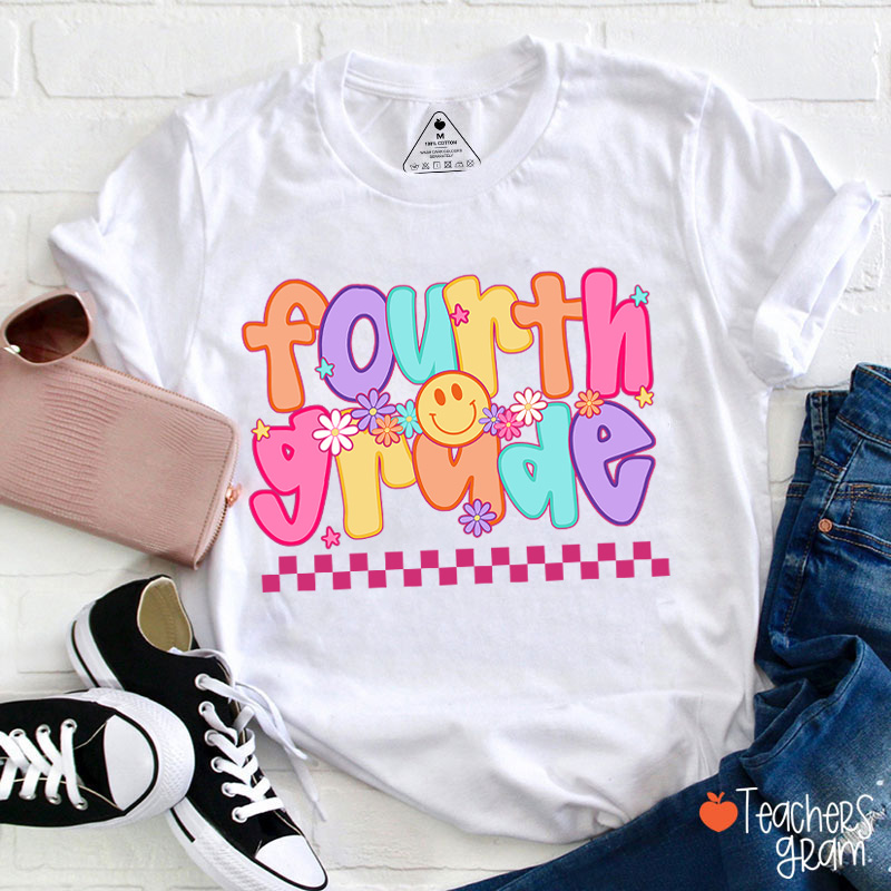 Personalized Grade Candy Color Fonts Checkered Teacher T-Shirt