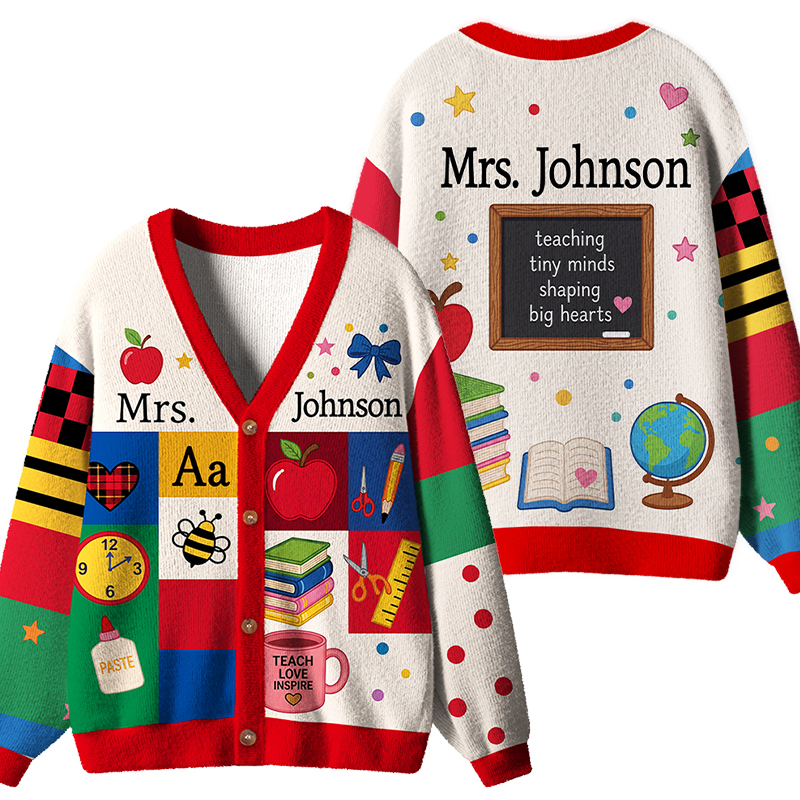 Personalized Name Apple Pencil Splicing Design Teacher Ugly Cardigan Sweaters-Teachersgram