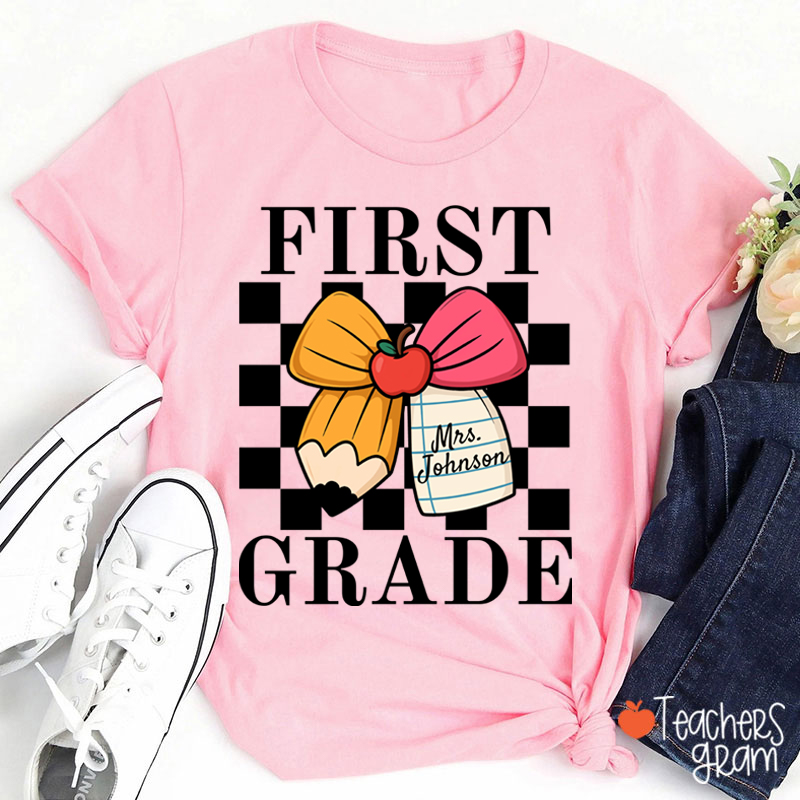 Personalized Grade And Name Pencil Bow Checkered Teacher T-Shirt