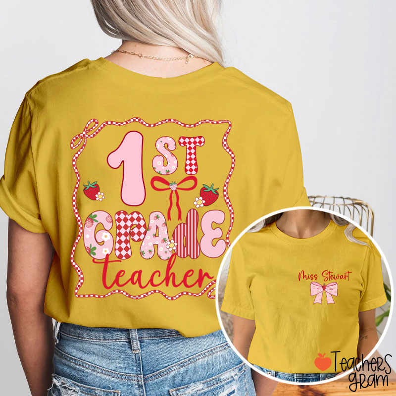 Personalized Name And Grade Strawberry Bow Teacher Two Sided T-Shirt