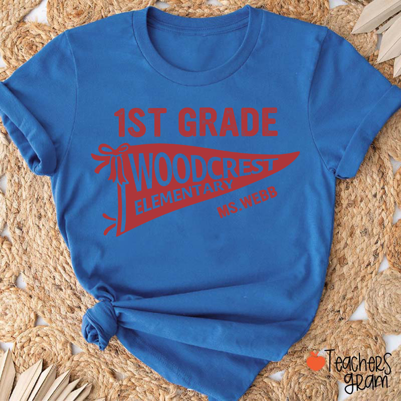 Personalized Grade And School Name Pennant Teacher T-Shirt
