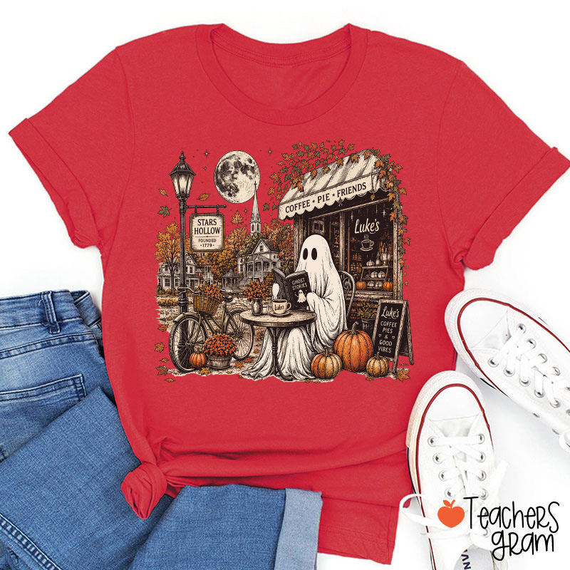 Ghost Reading At Coffee Shop Halloween Teacher T-Shirt