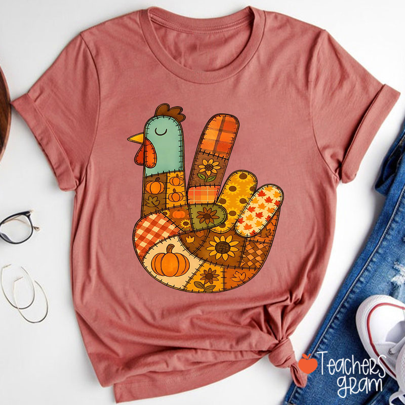 Retro Patchwork Turkey Teacher T-Shirt