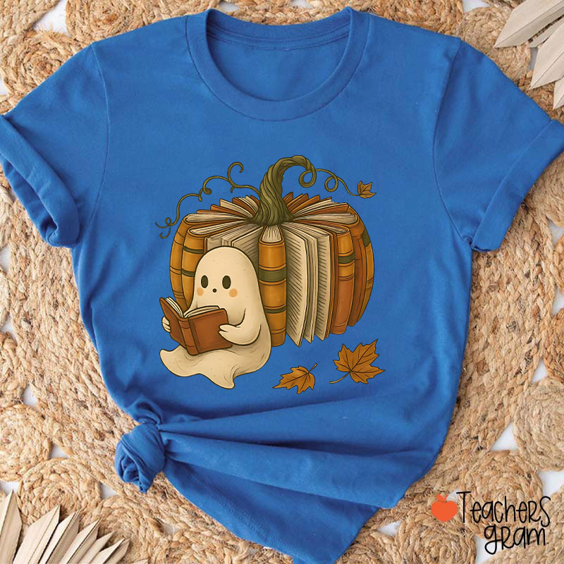 Ghost Reading Book Pumpkin Teacher T-Shirt