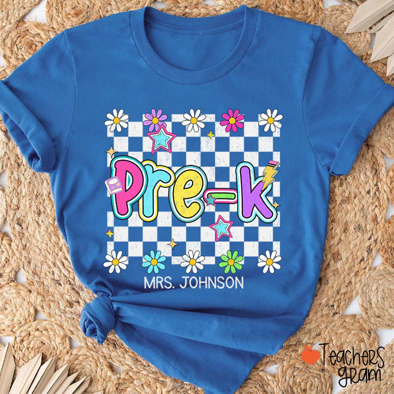 Personalized Name And Grade Checkered Flowers Teacher T-Shirt