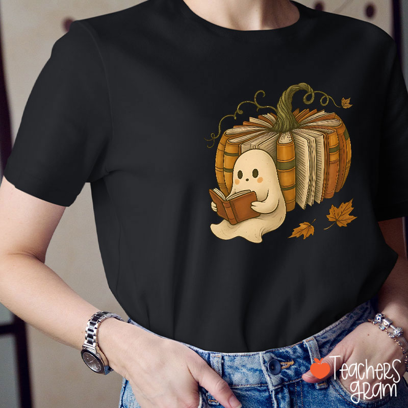 Ghost Reading Book Pumpkin Teacher T-Shirt