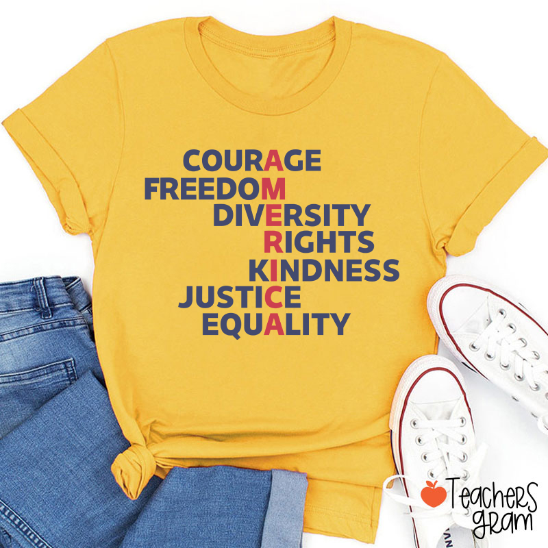 Courage Freedom Diversity Right Kindness Justice Equality America Teacher T-Shirt