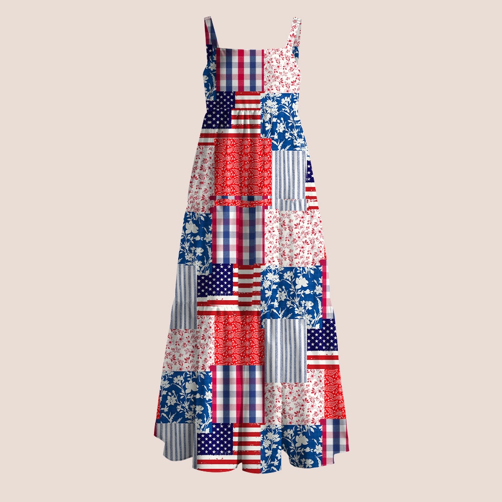 Red White Blue Plaid Floral Flag Teacher Slip Dress
