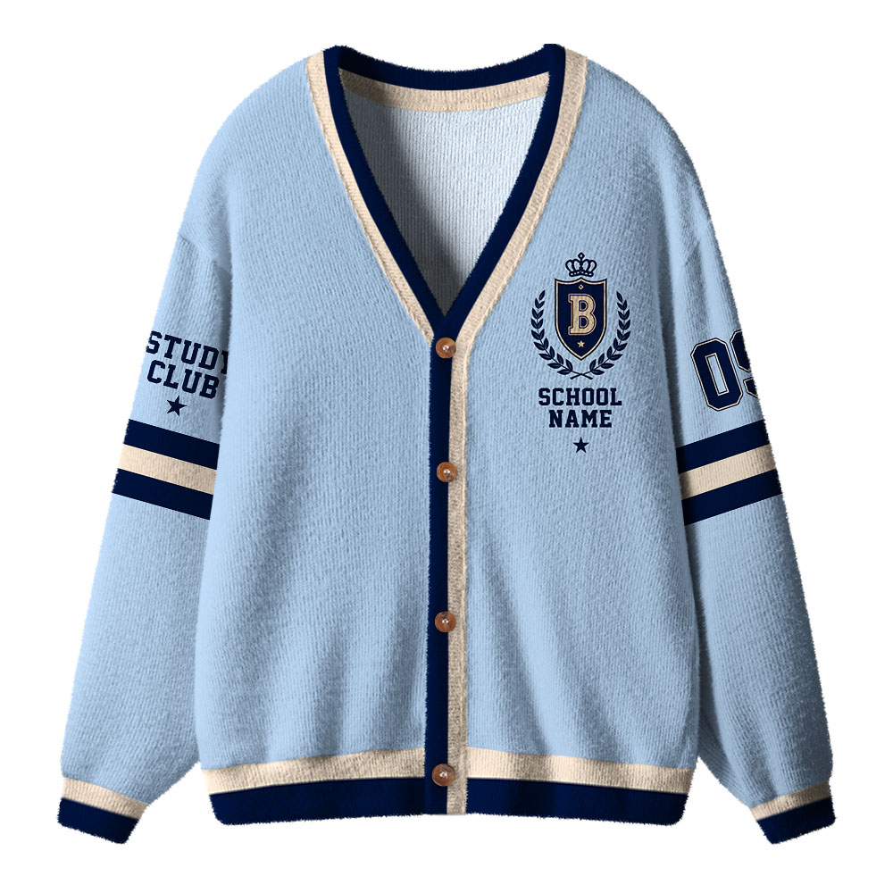 Personalized School Name Crest Est Year Slogan Teacher Ugly Cardigan Sweater