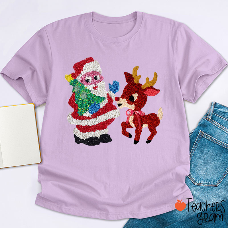 Santa And Rudolph Faux Melted Plastic Teacher T-Shirt