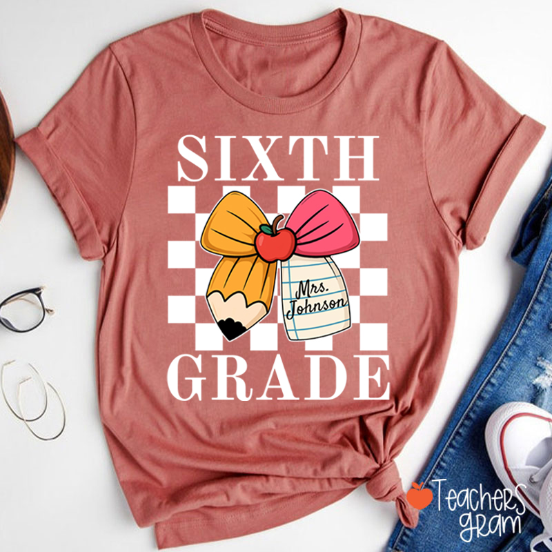 Personalized Grade And Name Pencil Bow Checkered Teacher T-Shirt
