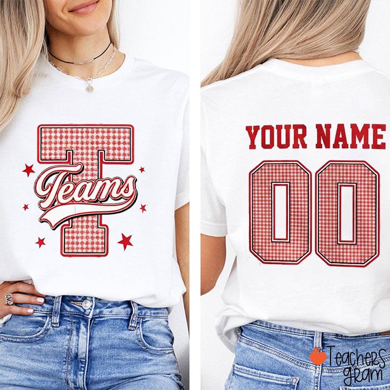 Personalized Team Checkered Letter Name Number Two Sided Teacher T-Shirt