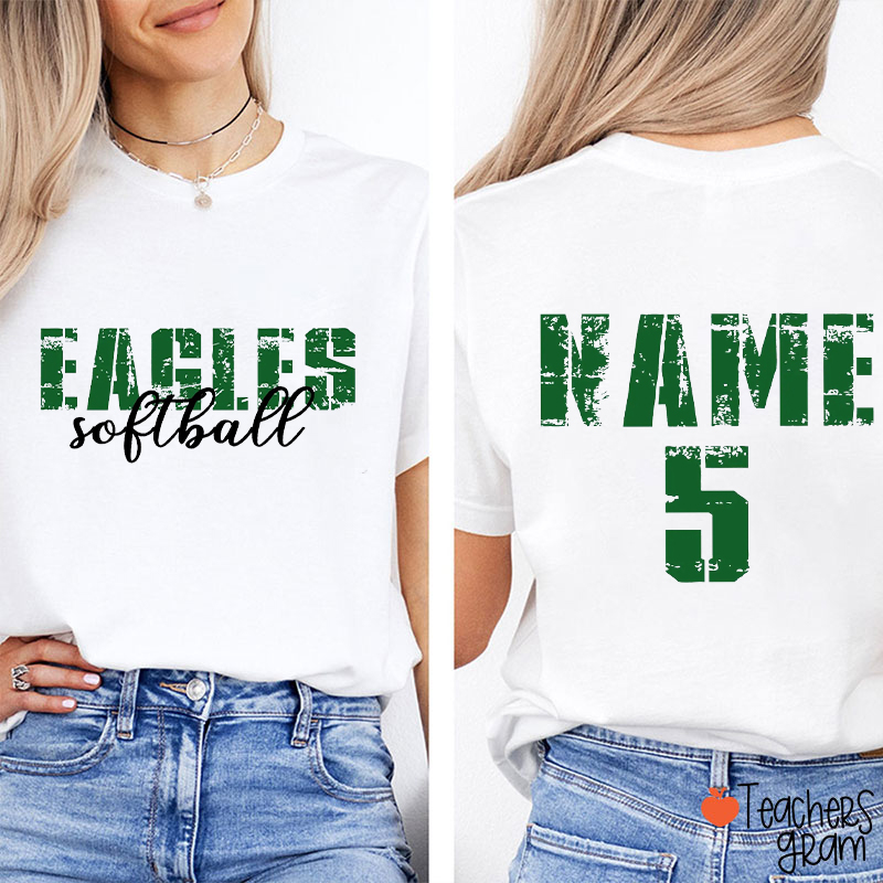 Personalized Mascot Sport Distressed Name Number Two Sided Teacher T-Shirt