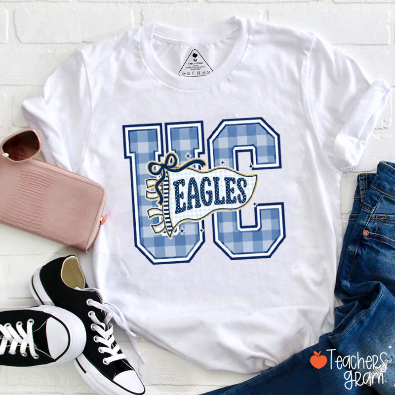 Personalized Mascot Gingham Varsity Letter Bow Teacher T-Shirt